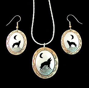 wolf wolves earrings, pendant, necklace brass silver